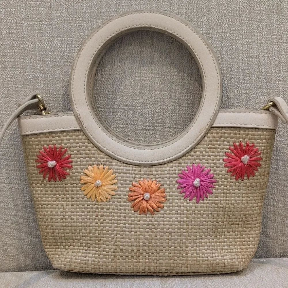 Etienne Aigner Neutral Straw Tote Crossbody with Embroidered Floral Accents